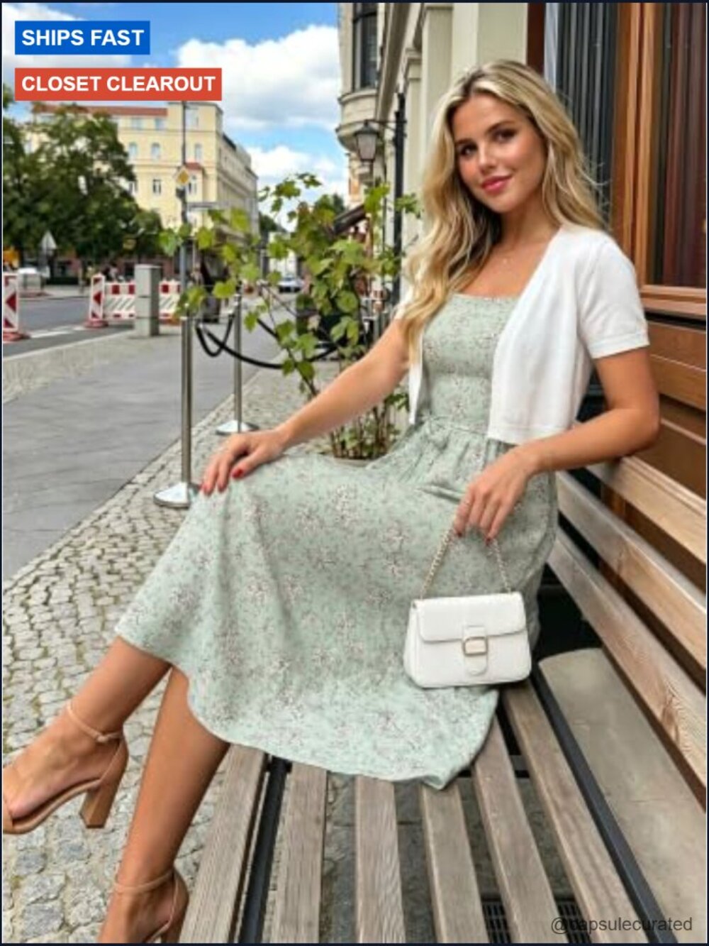 Spaghetti Strap Midi Dress Smocked Back with Belt Pockets Flowy Boho - Picture 5 of 7